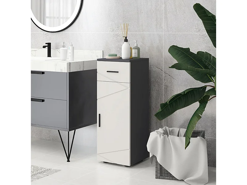 Armoire de salle de bain avec tiroir, étagères réglables, bois mélaminé, gris, compact et fonctionnel (30x30x82cm)