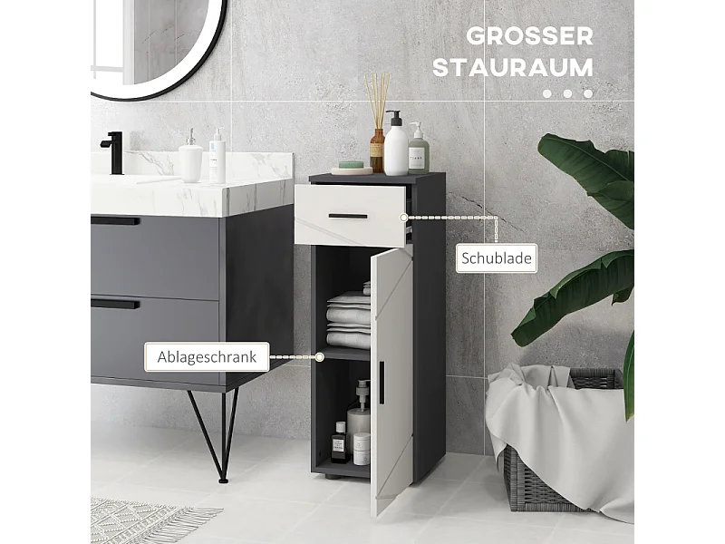 Armoire de salle de bain avec tiroir, étagères réglables, bois mélaminé, gris, compact et fonctionnel (30x30x82cm)