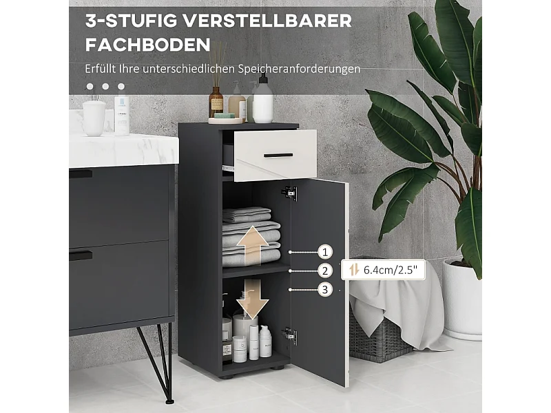 Armoire de salle de bain avec tiroir, étagères réglables, bois mélaminé, gris, compact et fonctionnel (30x30x82cm)