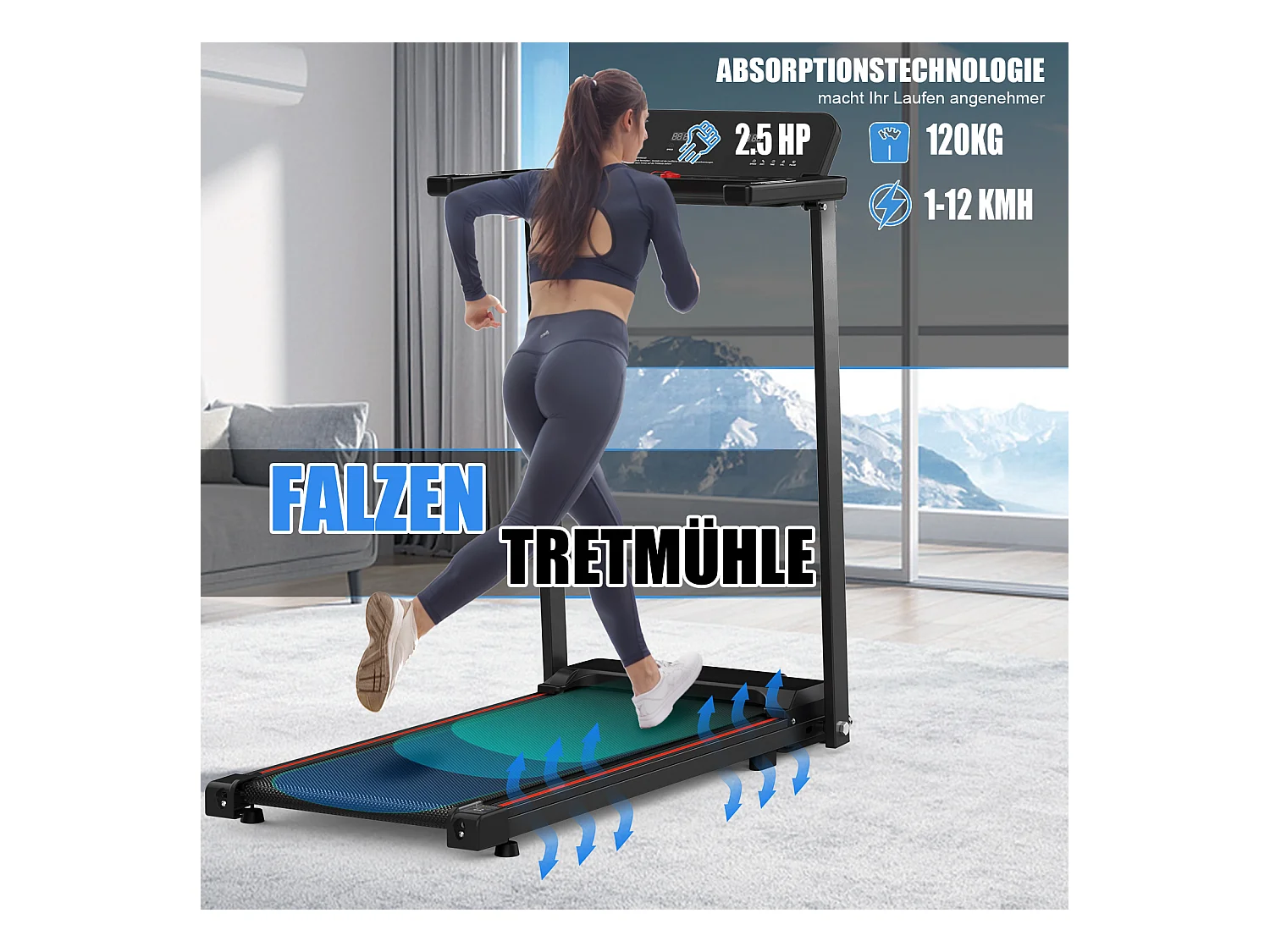 Tapis de course pliable pour maison et bureau, avec écran LED et app, 2 en 1, capacité 120KG (116x60x10.5 cm)