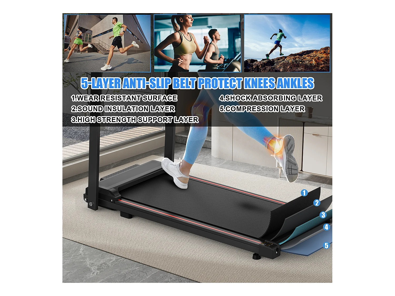 Tapis de course pliable pour maison et bureau, avec écran LED et app, 2 en 1, capacité 120KG (116x60x10.5 cm)