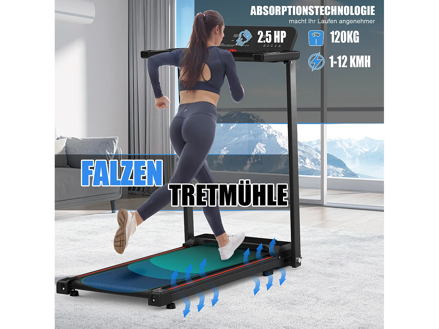 Tapis de course pliable pour maison et bureau, avec écran LED et app, 2 en 1, capacité 120KG (116x60x10.5 cm)