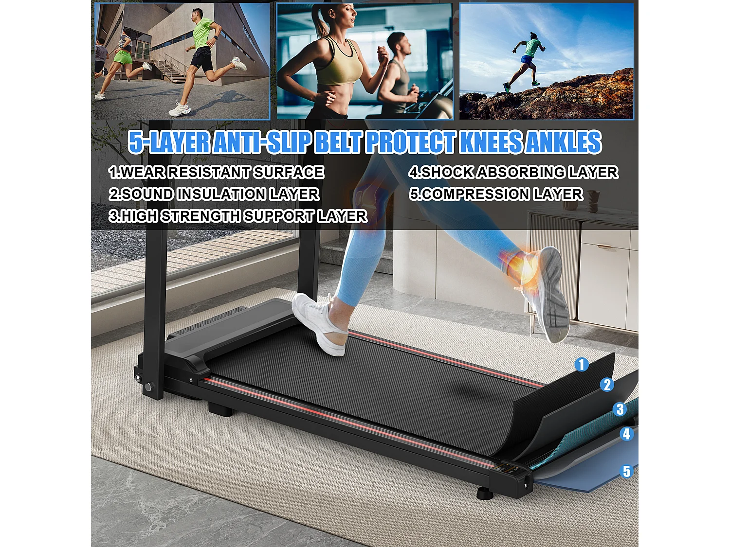 Tapis de course pliable pour maison et bureau, avec écran LED et app, 2 en 1, capacité 120KG (116x60x10.5 cm)