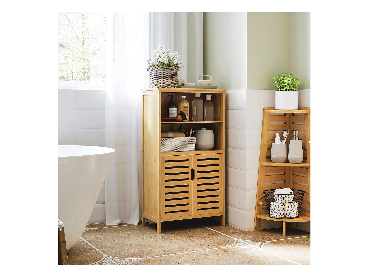 Meuble de salle de bain en bambou, avec portes à lamelles, anti-basculement, bois naturel (50x29x92 cm)