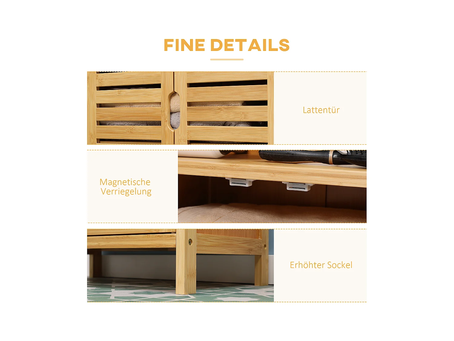 Meuble de salle de bain en bambou, avec portes à lamelles, anti-basculement, bois naturel (50x29x92 cm)