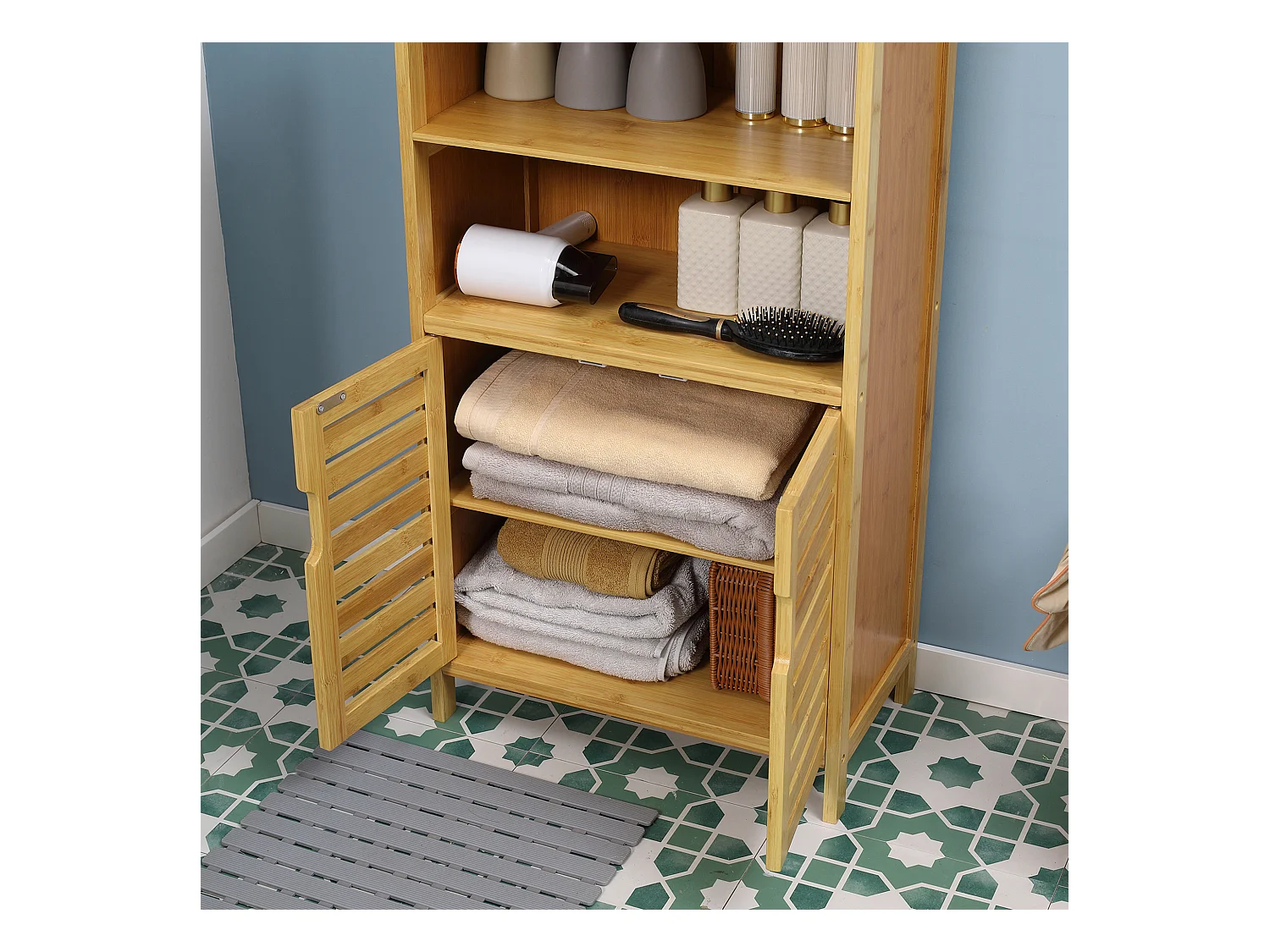 Meuble de salle de bain en bambou, avec portes à lamelles, anti-basculement, bois naturel (50x29x92 cm)