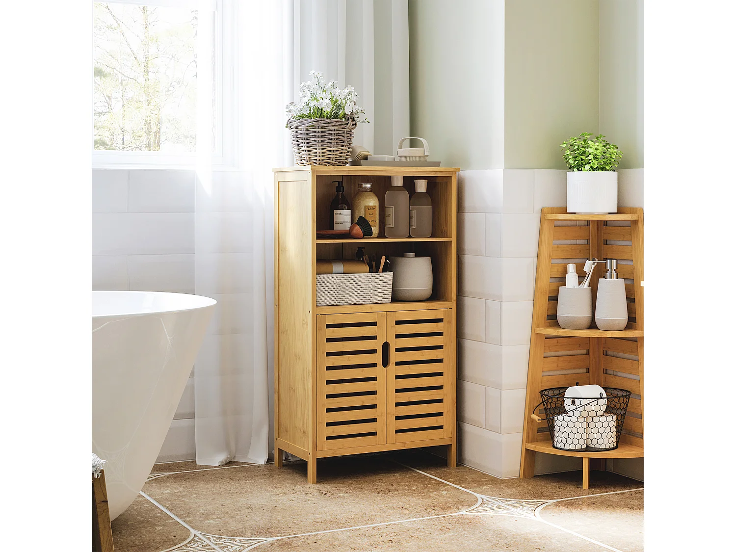 Meuble de salle de bain en bambou, avec portes à lamelles, anti-basculement, bois naturel (50x29x92 cm)