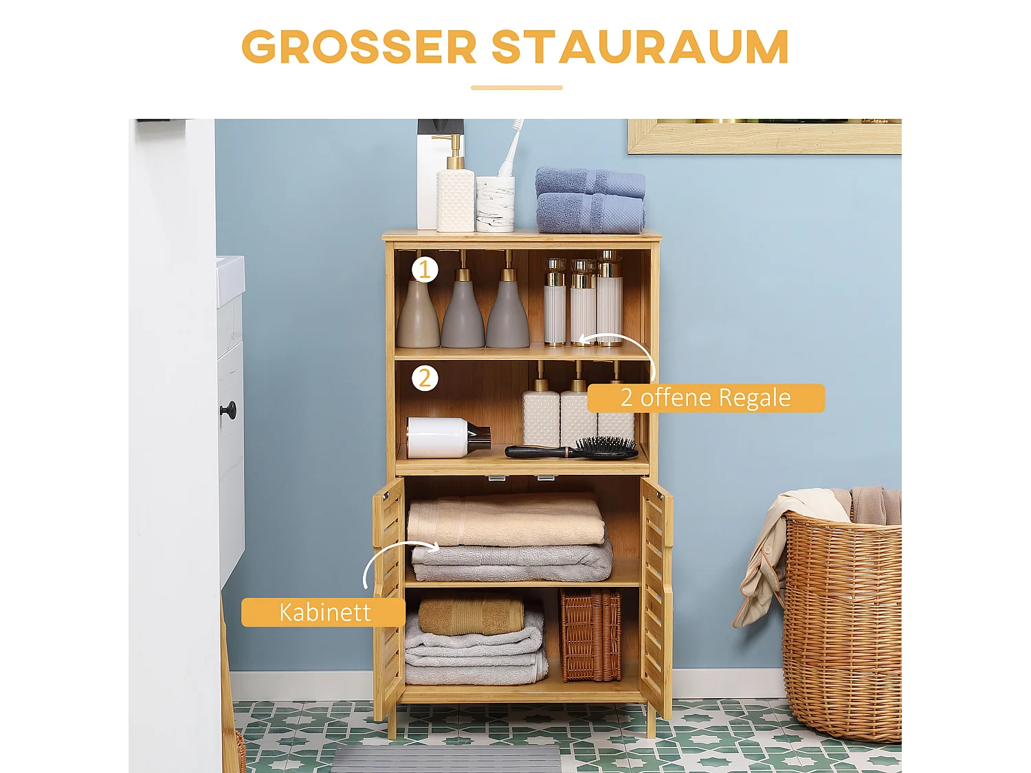 Meuble de salle de bain en bambou, avec portes à lamelles, anti-basculement, bois naturel (50x29x92 cm)