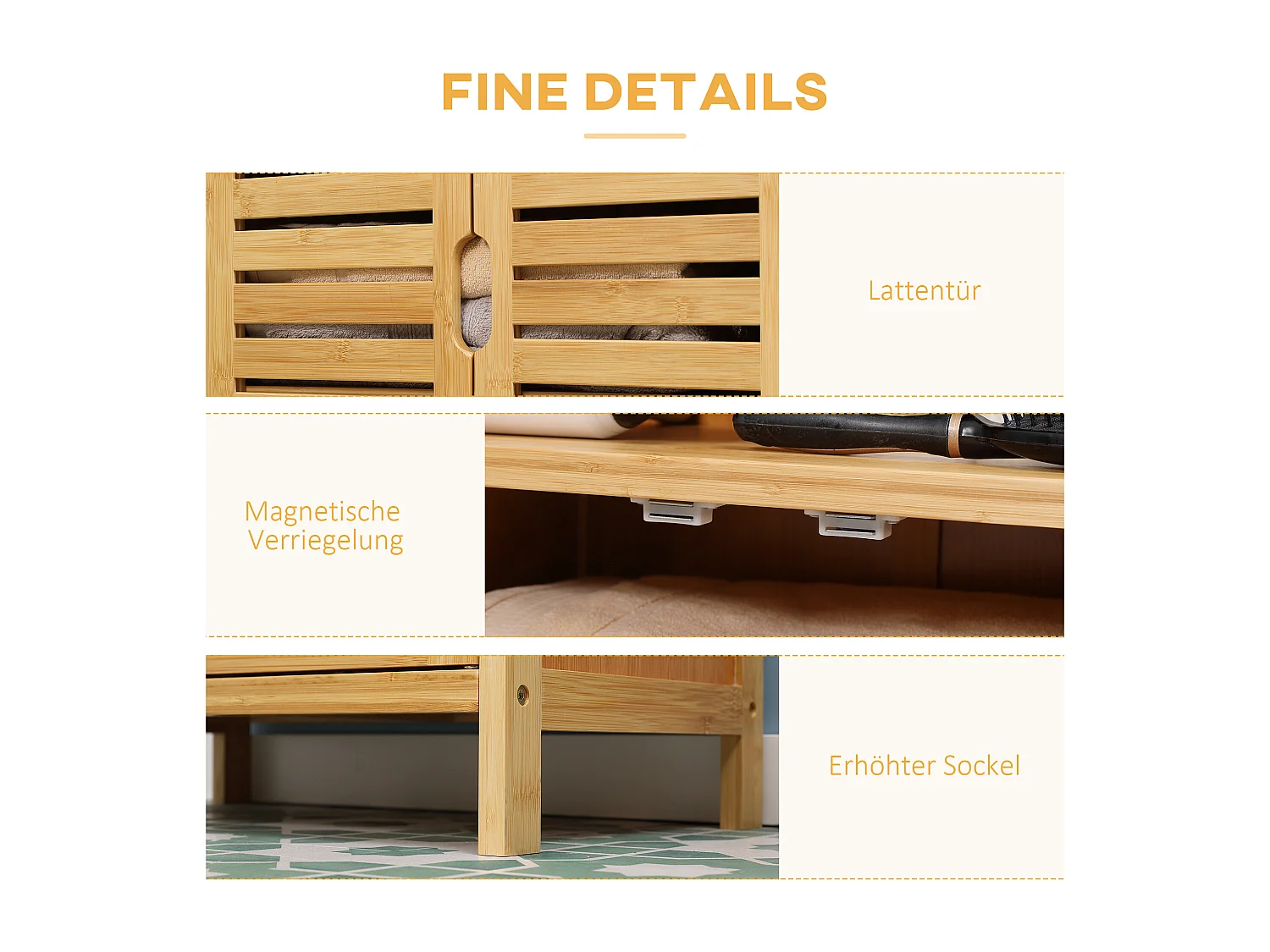 Meuble de salle de bain en bambou, avec portes à lamelles, anti-basculement, bois naturel (50x29x92 cm)