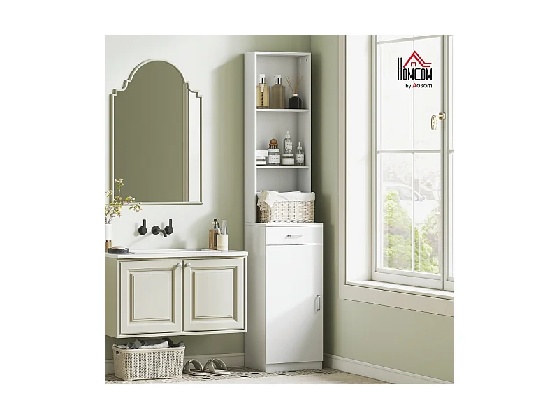 Armoire de salle de bain haute, étagère réglable, tiroir et porte, bois blanc (35x30.5x179cm)