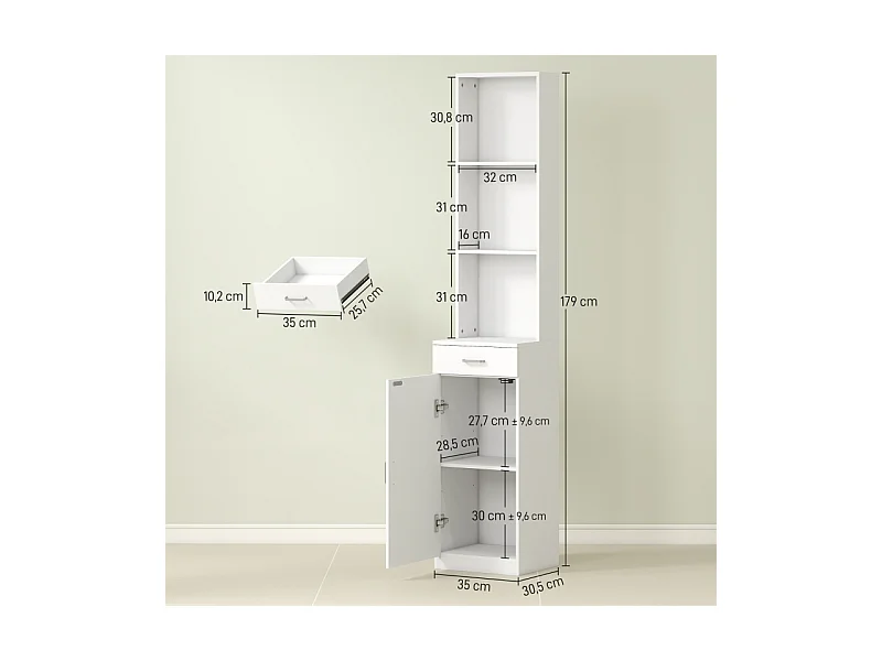 Armoire de salle de bain haute, étagère réglable, tiroir et porte, bois blanc (35x30.5x179cm)