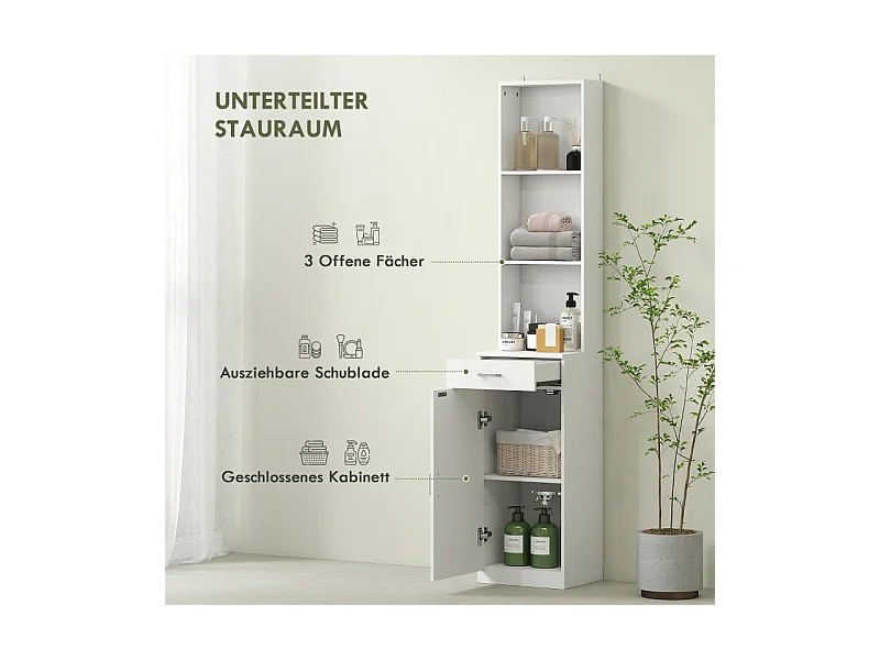 Armoire de salle de bain haute, étagère réglable, tiroir et porte, bois blanc (35x30.5x179cm)