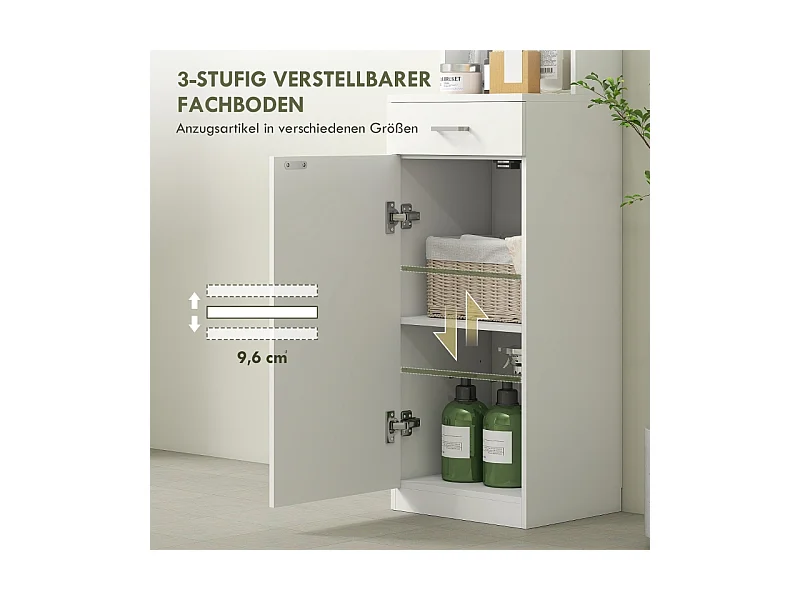 Armoire de salle de bain haute, étagère réglable, tiroir et porte, bois blanc (35x30.5x179cm)