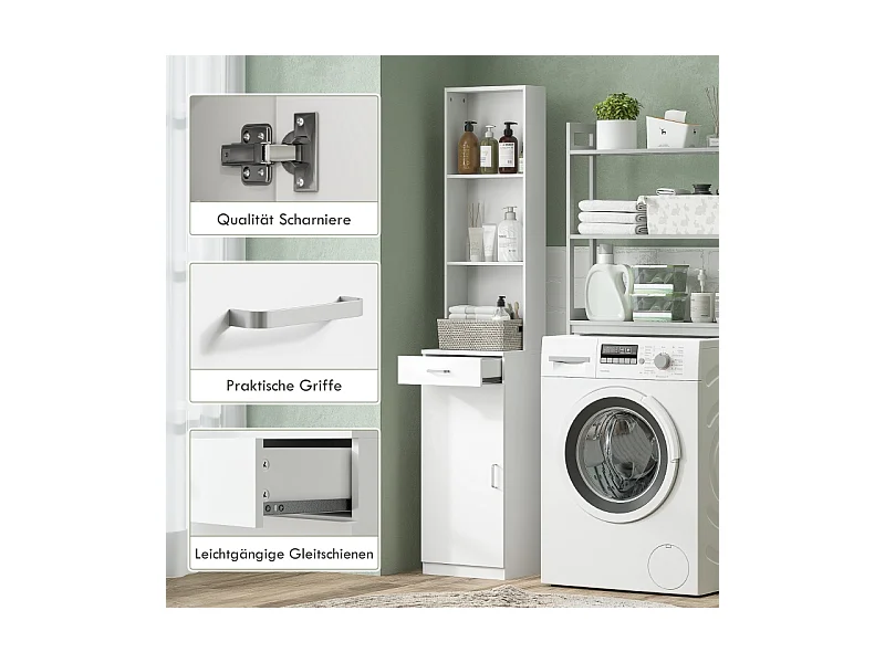 Armoire de salle de bain haute, étagère réglable, tiroir et porte, bois blanc (35x30.5x179cm)