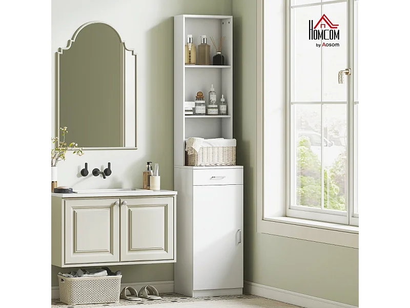 Armoire de salle de bain haute, étagère réglable, tiroir et porte, bois blanc (35x30.5x179cm)