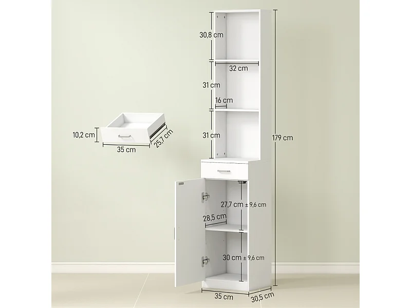 Armoire de salle de bain haute, étagère réglable, tiroir et porte, bois blanc (35x30.5x179cm)