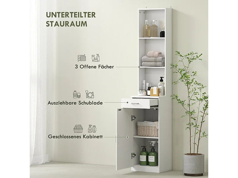 Armoire de salle de bain haute, étagère réglable, tiroir et porte, bois blanc (35x30.5x179cm)
