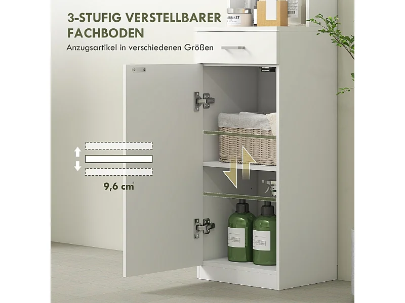 Armoire de salle de bain haute, étagère réglable, tiroir et porte, bois blanc (35x30.5x179cm)