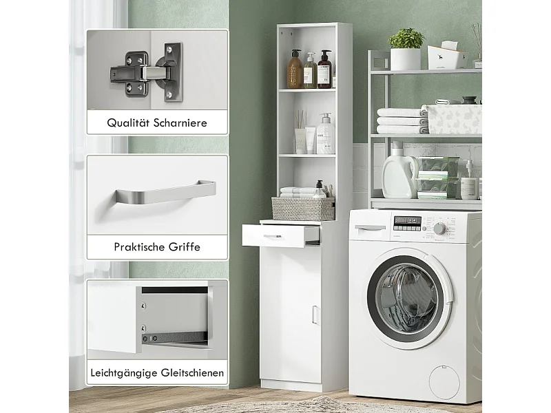 Armoire de salle de bain haute, étagère réglable, tiroir et porte, bois blanc (35x30.5x179cm)