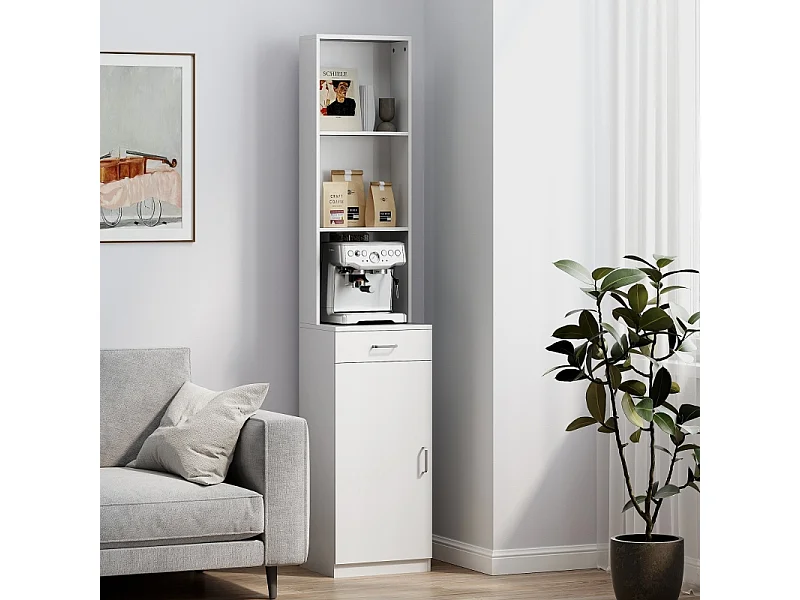 Armoire de salle de bain haute, étagère réglable, tiroir et porte, bois blanc (35x30.5x179cm)