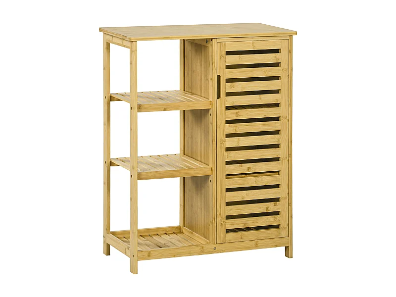 Meuble de salle de bain avec 3 étagères ouvertes, 1 compartiment fermé, en bambou naturel, avec protection anti-basculement (66x33x87 cm)