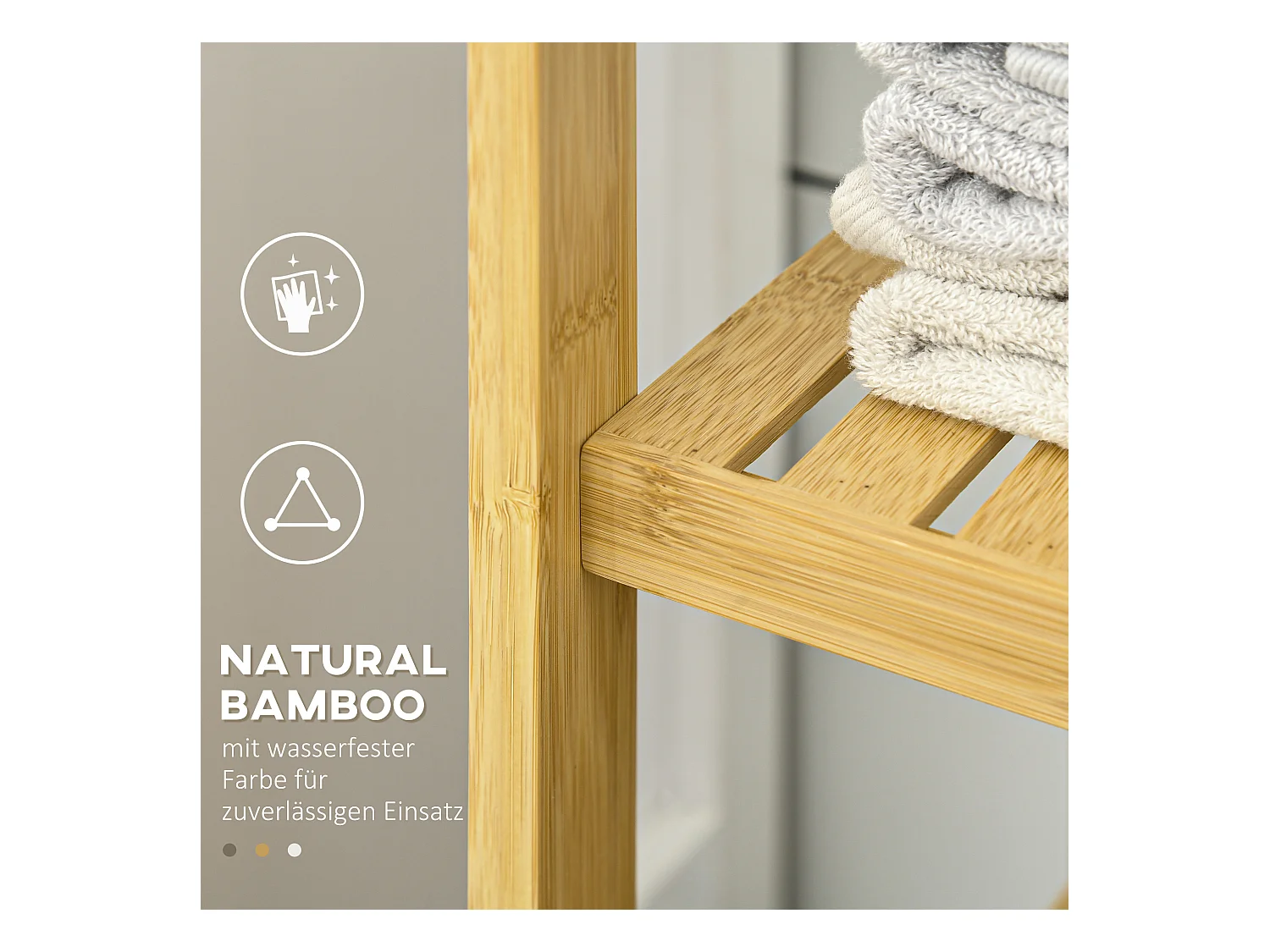 Meuble de salle de bain avec 3 étagères ouvertes, 1 compartiment fermé, en bambou naturel, avec protection anti-basculement (66x33x87 cm)