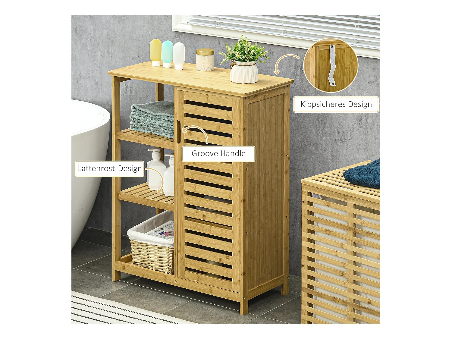 Meuble de salle de bain avec 3 étagères ouvertes, 1 compartiment fermé, en bambou naturel, avec protection anti-basculement (66x33x87 cm)