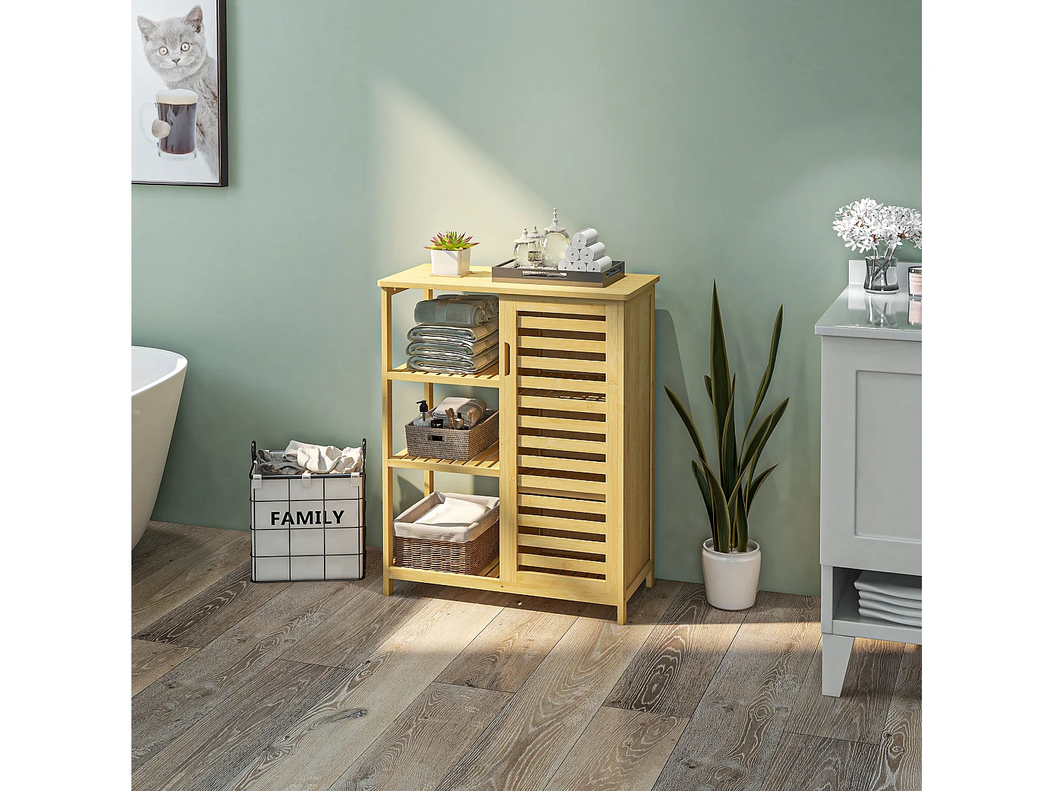 Meuble de salle de bain avec 3 étagères ouvertes, 1 compartiment fermé, en bambou naturel, avec protection anti-basculement (66x33x87 cm)