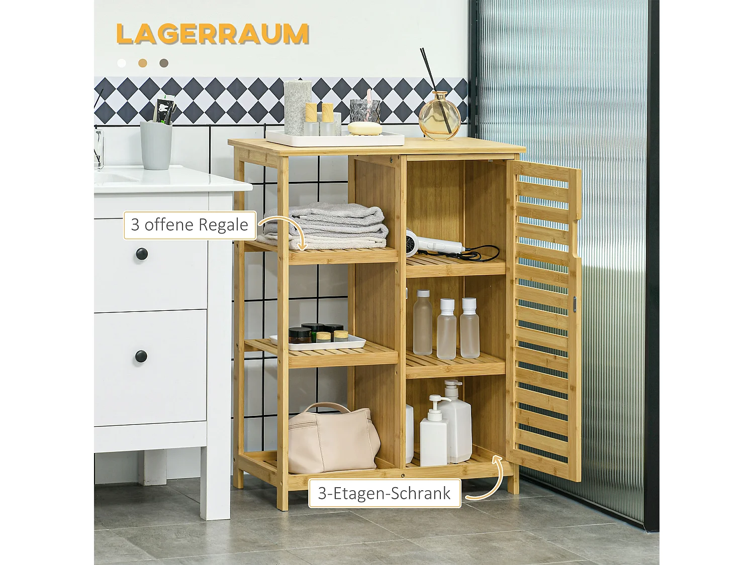 Meuble de salle de bain avec 3 étagères ouvertes, 1 compartiment fermé, en bambou naturel, avec protection anti-basculement (66x33x87 cm)