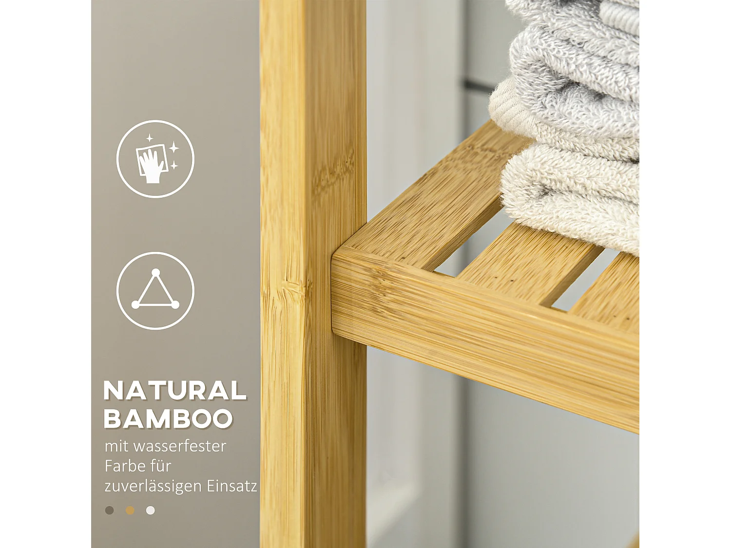 Meuble de salle de bain avec 3 étagères ouvertes, 1 compartiment fermé, en bambou naturel, avec protection anti-basculement (66x33x87 cm)