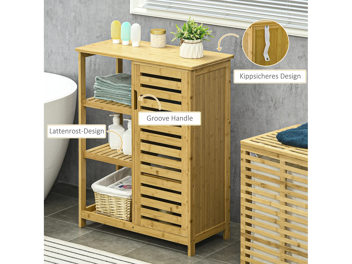 Meuble de salle de bain avec 3 étagères ouvertes, 1 compartiment fermé, en bambou naturel, avec protection anti-basculement (66x33x87 cm)