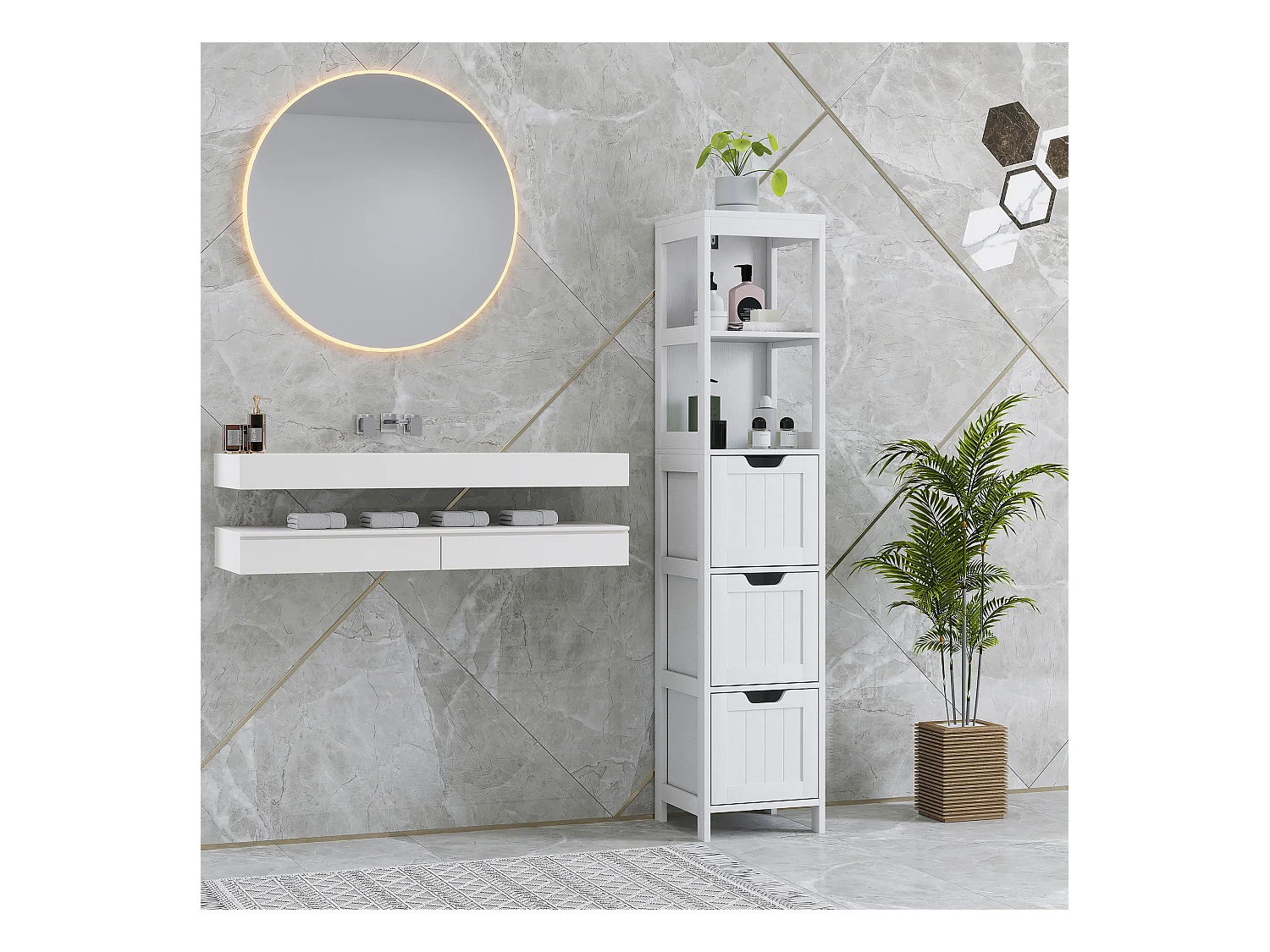 Armoire haute salle de bain avec 3 tiroirs et 2 niches ouvertes, MDF, blanc (30x30x142.4cm)