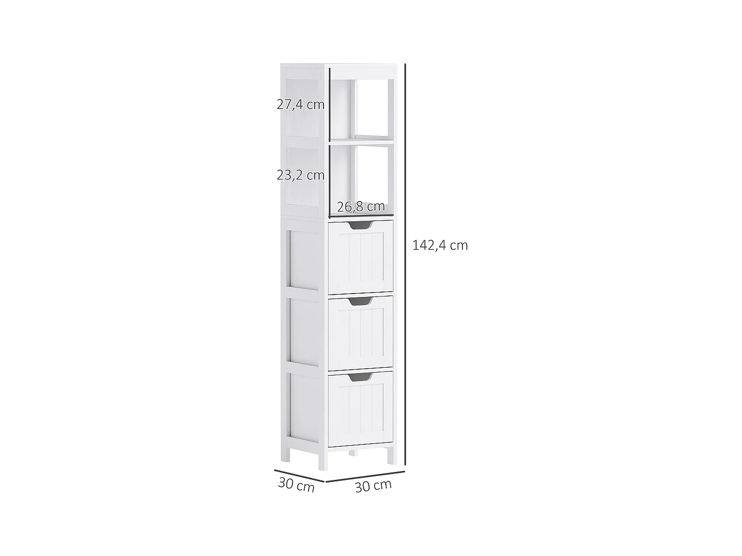 Armoire haute salle de bain avec 3 tiroirs et 2 niches ouvertes, MDF, blanc (30x30x142.4cm)