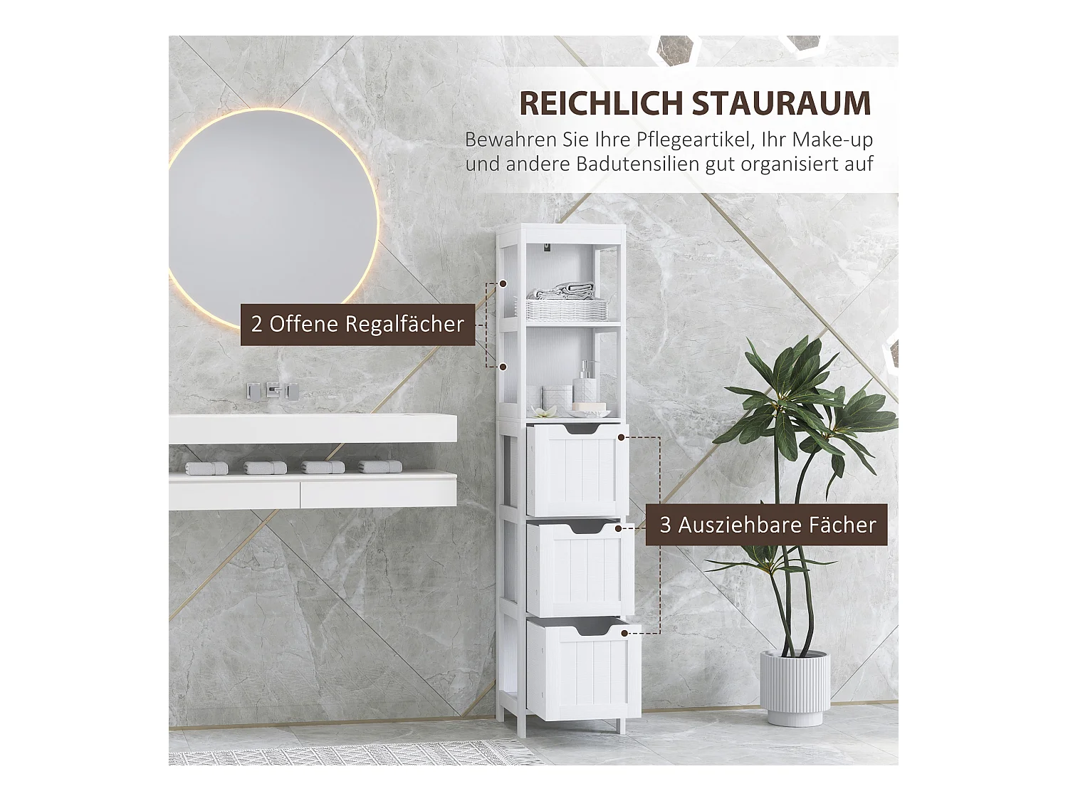 Armoire haute salle de bain avec 3 tiroirs et 2 niches ouvertes, MDF, blanc (30x30x142.4cm)