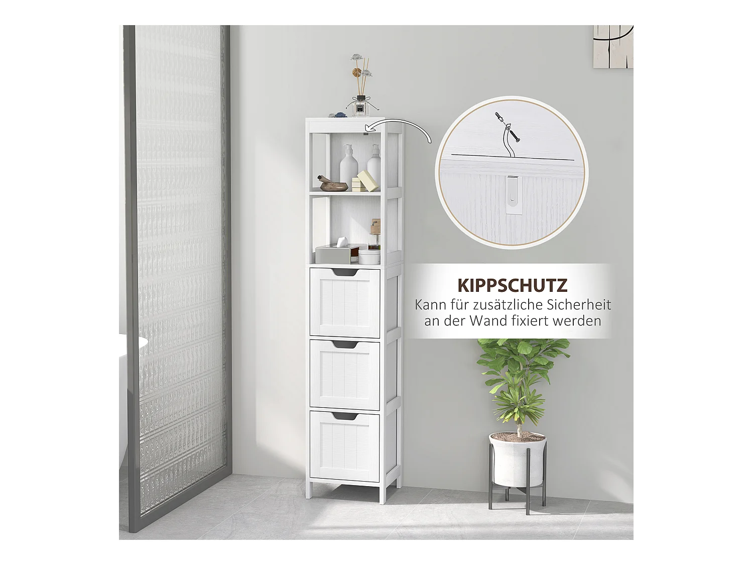 Armoire haute salle de bain avec 3 tiroirs et 2 niches ouvertes, MDF, blanc (30x30x142.4cm)