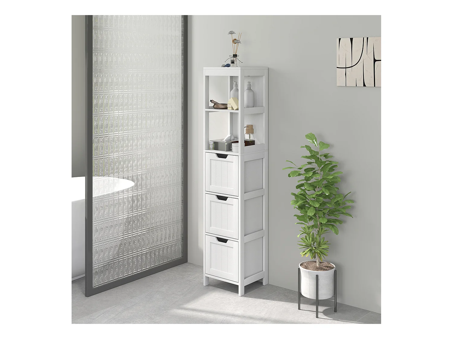 Armoire haute salle de bain avec 3 tiroirs et 2 niches ouvertes, MDF, blanc (30x30x142.4cm)