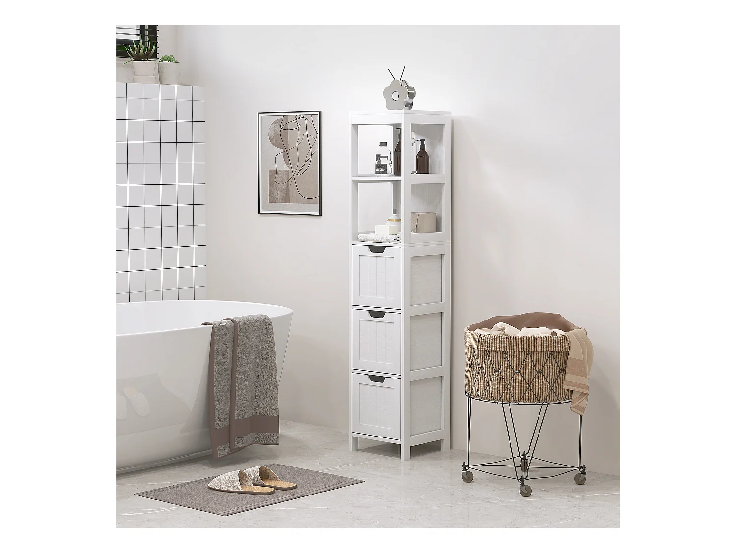 Armoire haute salle de bain avec 3 tiroirs et 2 niches ouvertes, MDF, blanc (30x30x142.4cm)