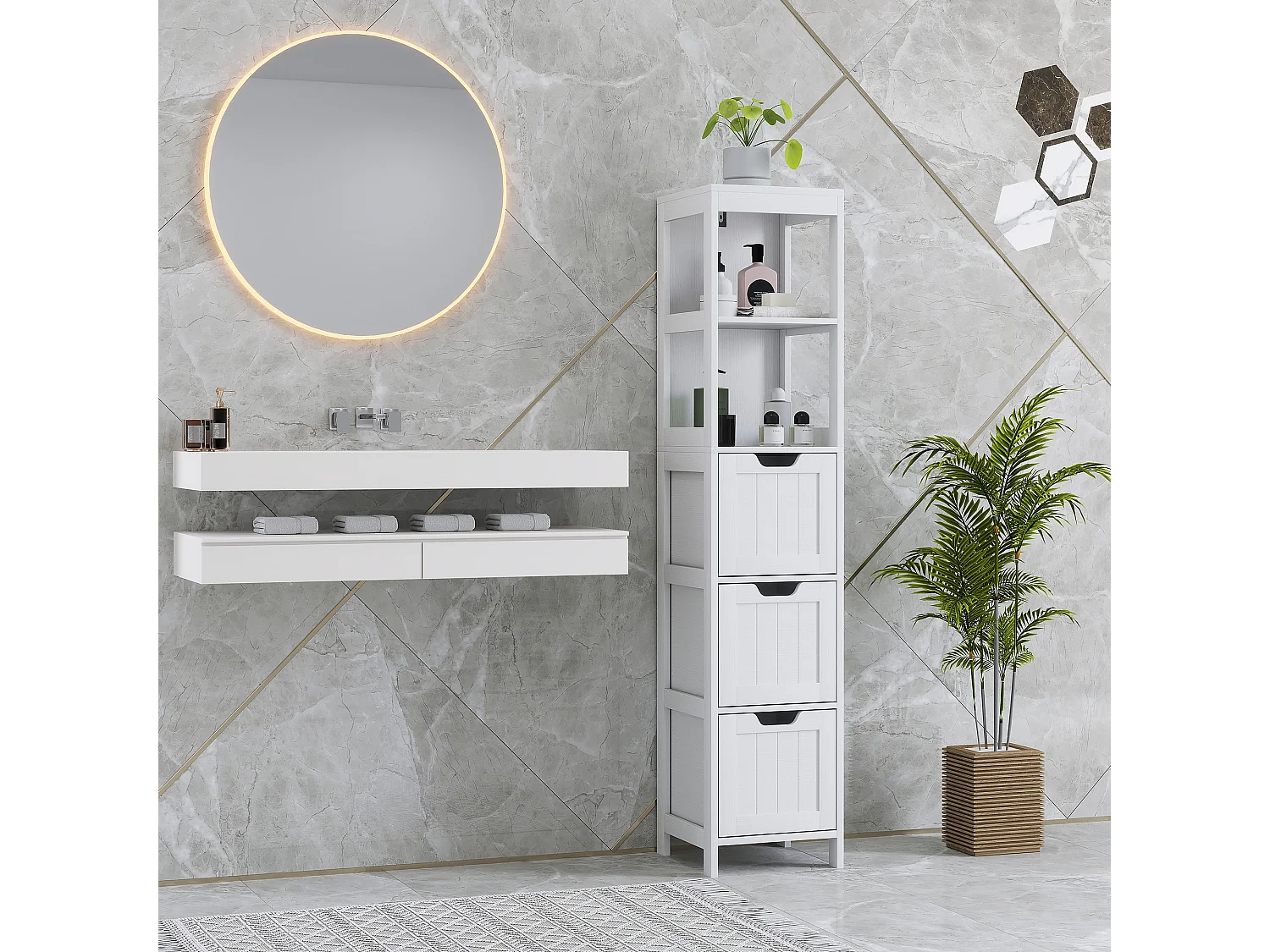 Armoire haute salle de bain avec 3 tiroirs et 2 niches ouvertes, MDF, blanc (30x30x142.4cm)