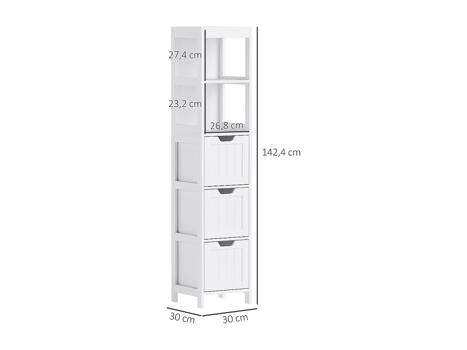 Armoire haute salle de bain avec 3 tiroirs et 2 niches ouvertes, MDF, blanc (30x30x142.4cm)