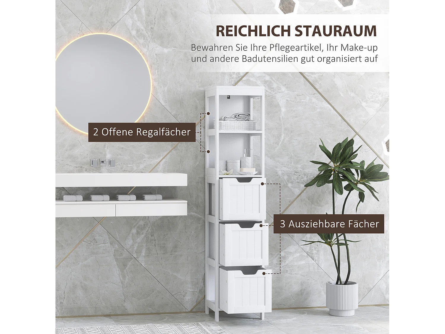 Armoire haute salle de bain avec 3 tiroirs et 2 niches ouvertes, MDF, blanc (30x30x142.4cm)