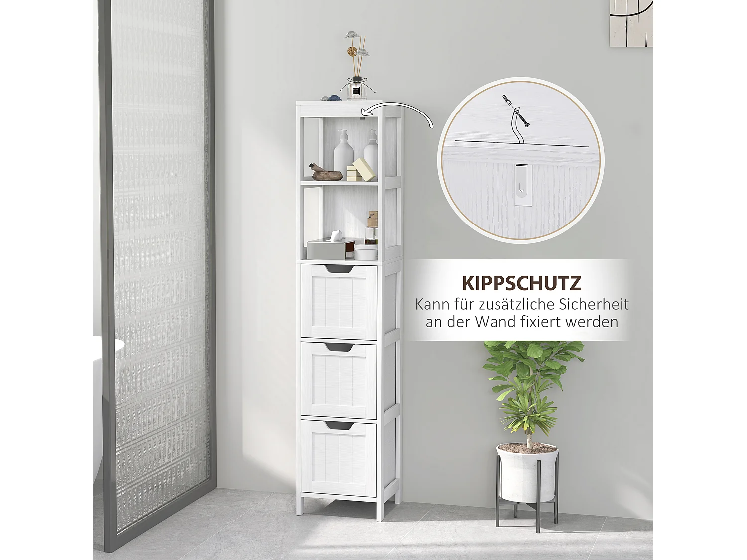 Armoire haute salle de bain avec 3 tiroirs et 2 niches ouvertes, MDF, blanc (30x30x142.4cm)