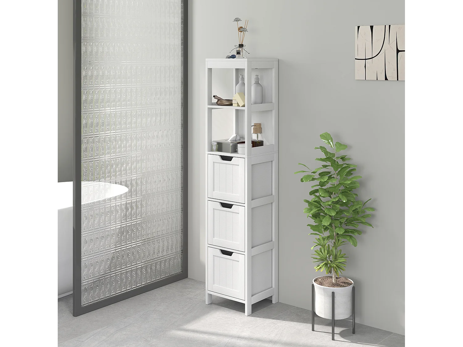 Armoire haute salle de bain avec 3 tiroirs et 2 niches ouvertes, MDF, blanc (30x30x142.4cm)