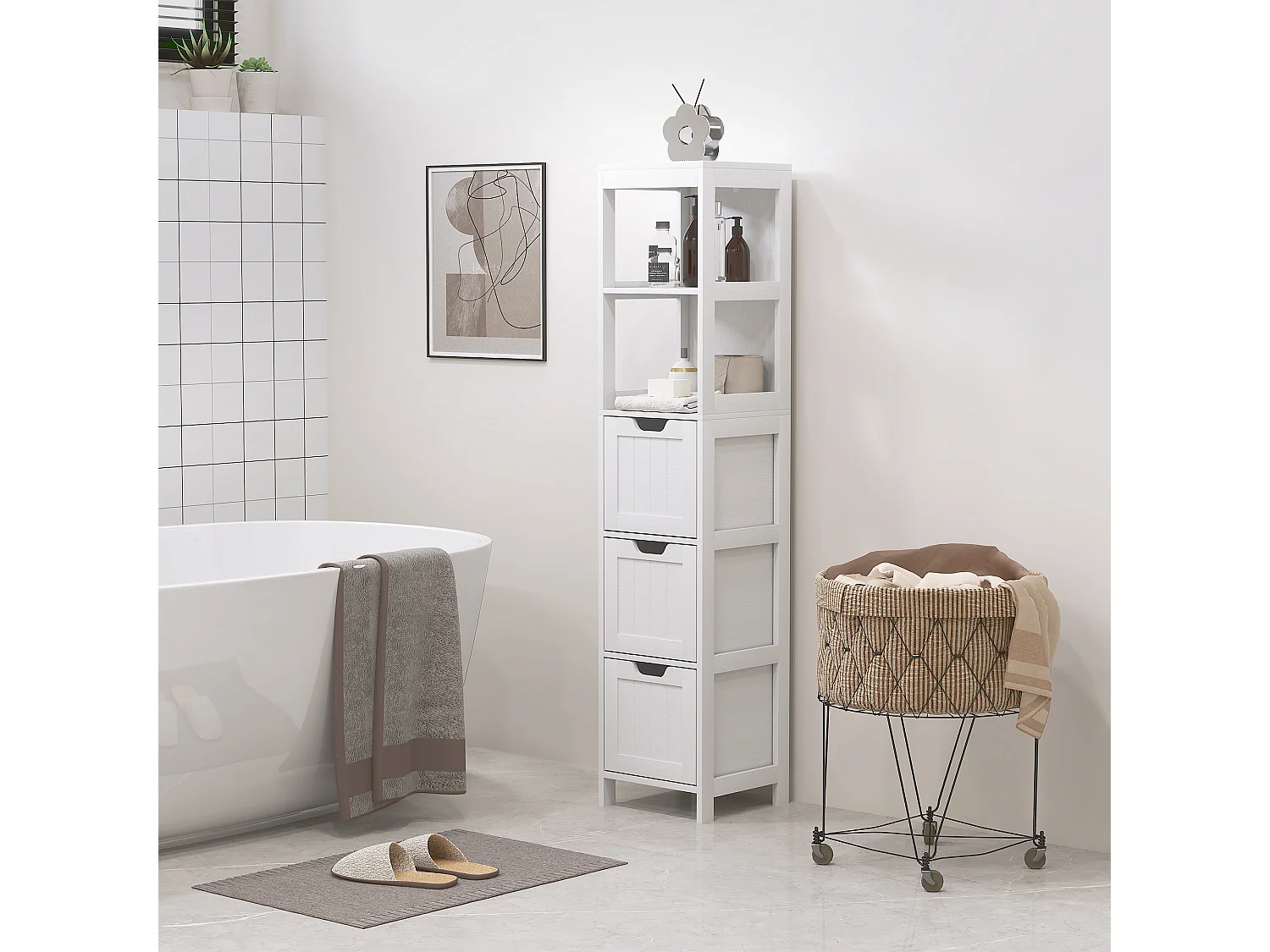 Armoire haute salle de bain avec 3 tiroirs et 2 niches ouvertes, MDF, blanc (30x30x142.4cm)
