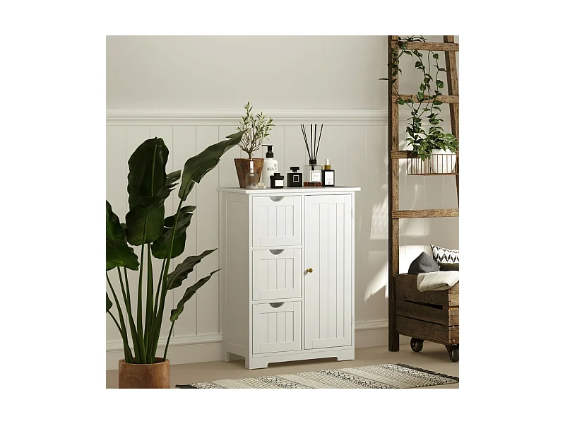 Armoire de salle de bain avec 3 tiroirs, étagère réglable, bois, blanc (60x30x80 cm)