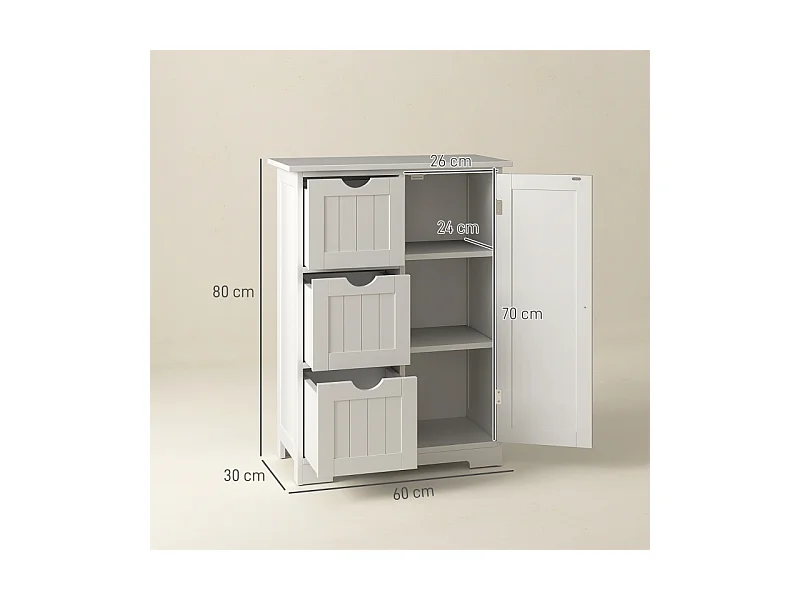 Armoire de salle de bain avec 3 tiroirs, étagère réglable, bois, blanc (60x30x80 cm)