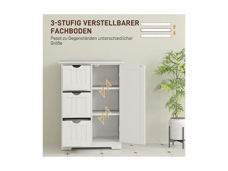 Armoire de salle de bain avec 3 tiroirs, étagère réglable, bois, blanc (60x30x80 cm)