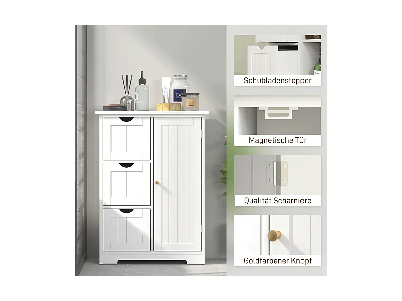 Armoire de salle de bain avec 3 tiroirs, étagère réglable, bois, blanc (60x30x80 cm)