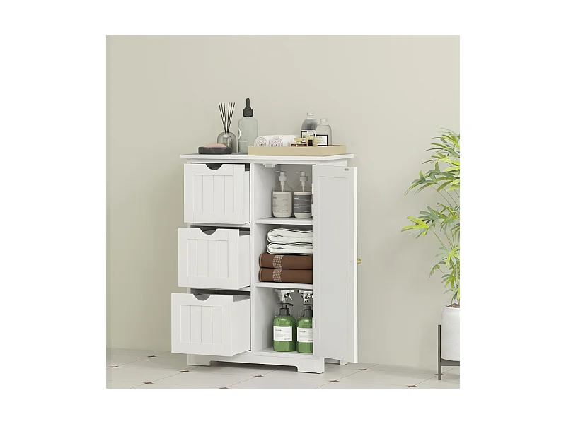 Armoire de salle de bain avec 3 tiroirs, étagère réglable, bois, blanc (60x30x80 cm)