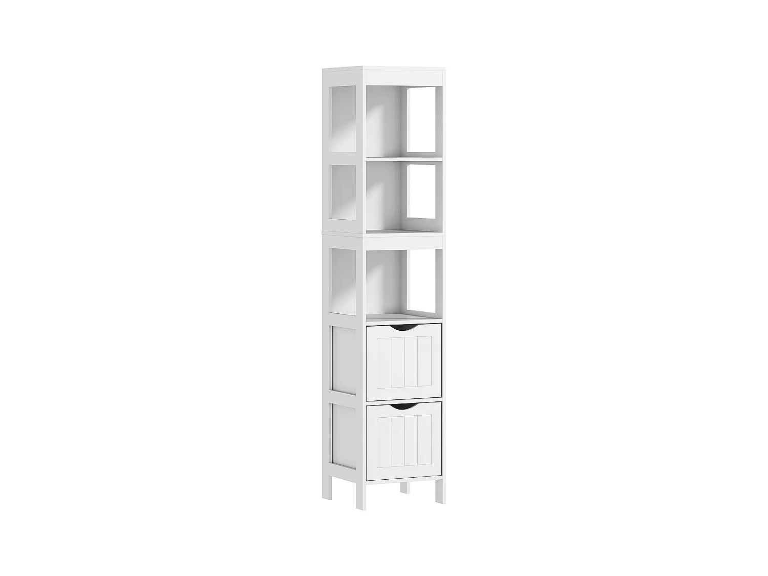 Meuble de salle de bain étroit, avec 2 tiroirs et 3 étagères ouvertes, bois, blanc (30x30x141.2 cm)