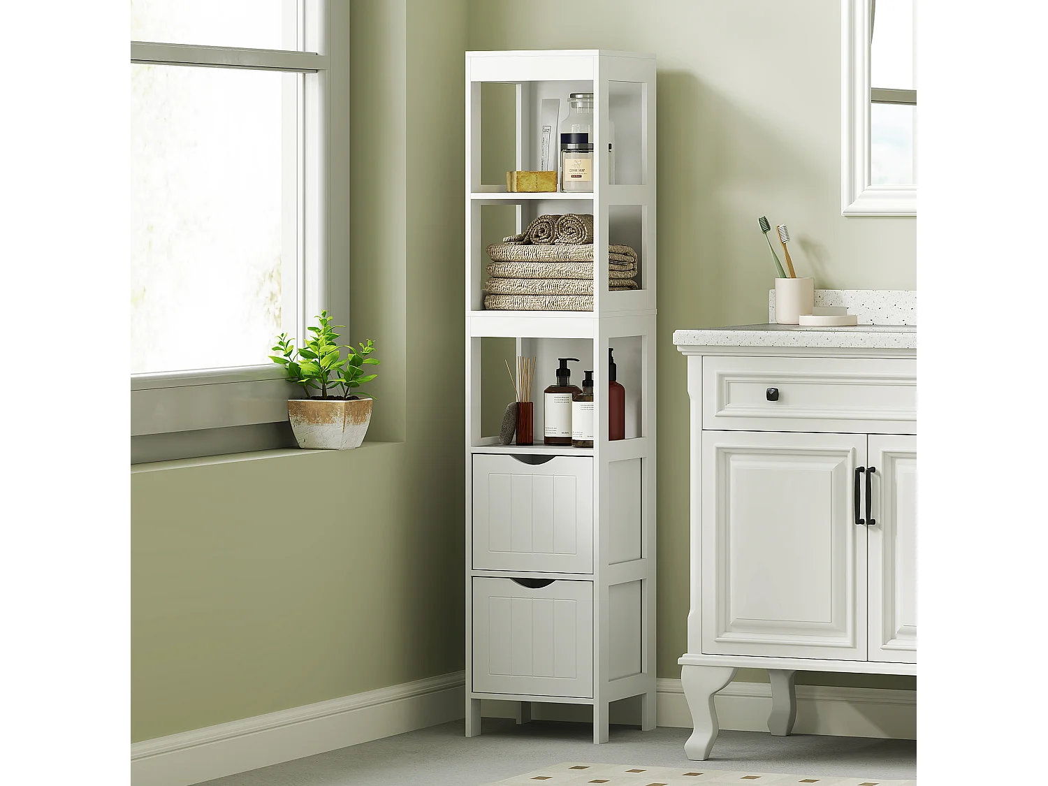 Meuble de salle de bain étroit, avec 2 tiroirs et 3 étagères ouvertes, bois, blanc (30x30x141.2 cm)